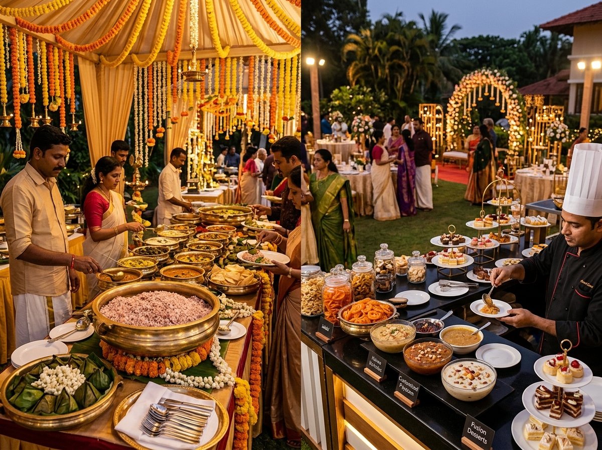 Kerala wedding catering and traditional sadya feast with dessert live counters