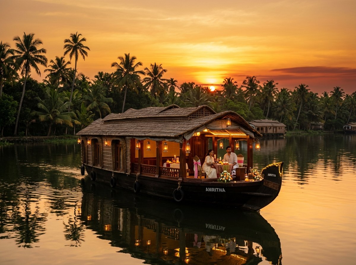 Traditional Kerala luxury houseboat cruising on golden sunset backwaters